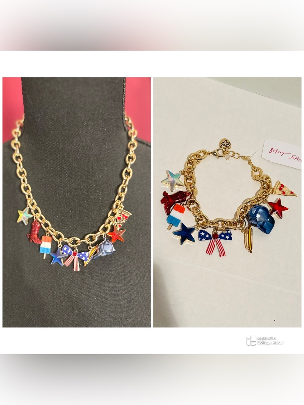 Betsey Johnson NWT Gold Plated Americana Charm Necklace & Bracelet